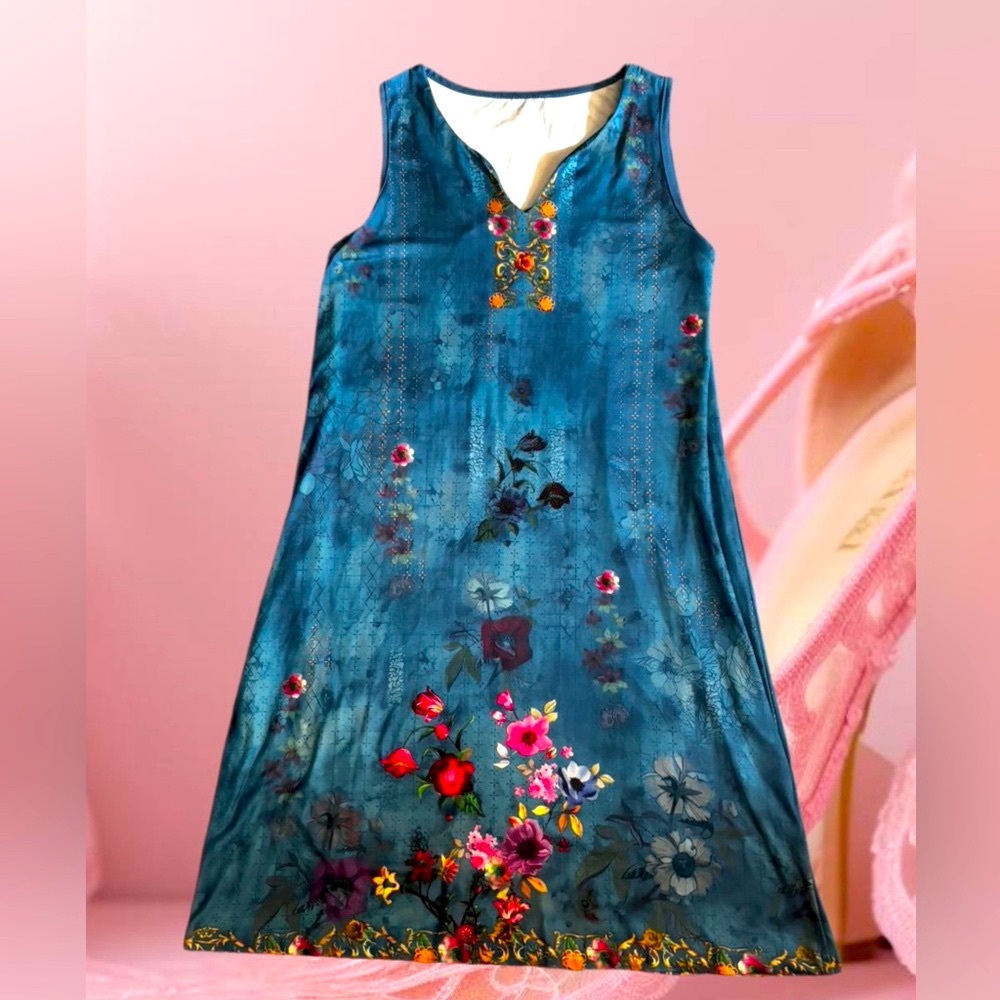 Blue Floral Sleeveless Shift Dress